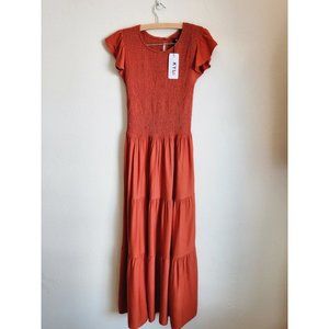 NEW! KYL smocked tiered dress with short ruffle sleeves in rust orange Size M